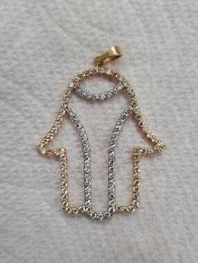 Solid 18k Gold Hamsa Hand Pendant with Clear Stones - Women's Jewelry